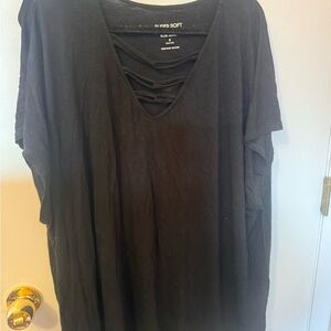 Lush Black Short Sleeve V-Neck Top with Strappy Detail